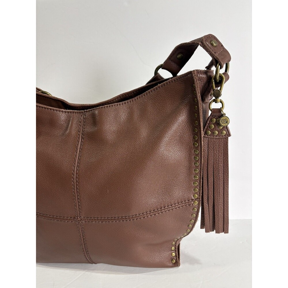 The Sak Silverlake Brown Leather Moto Fringe Hobo Studded Shoulder Bag - Picture 5 of 13